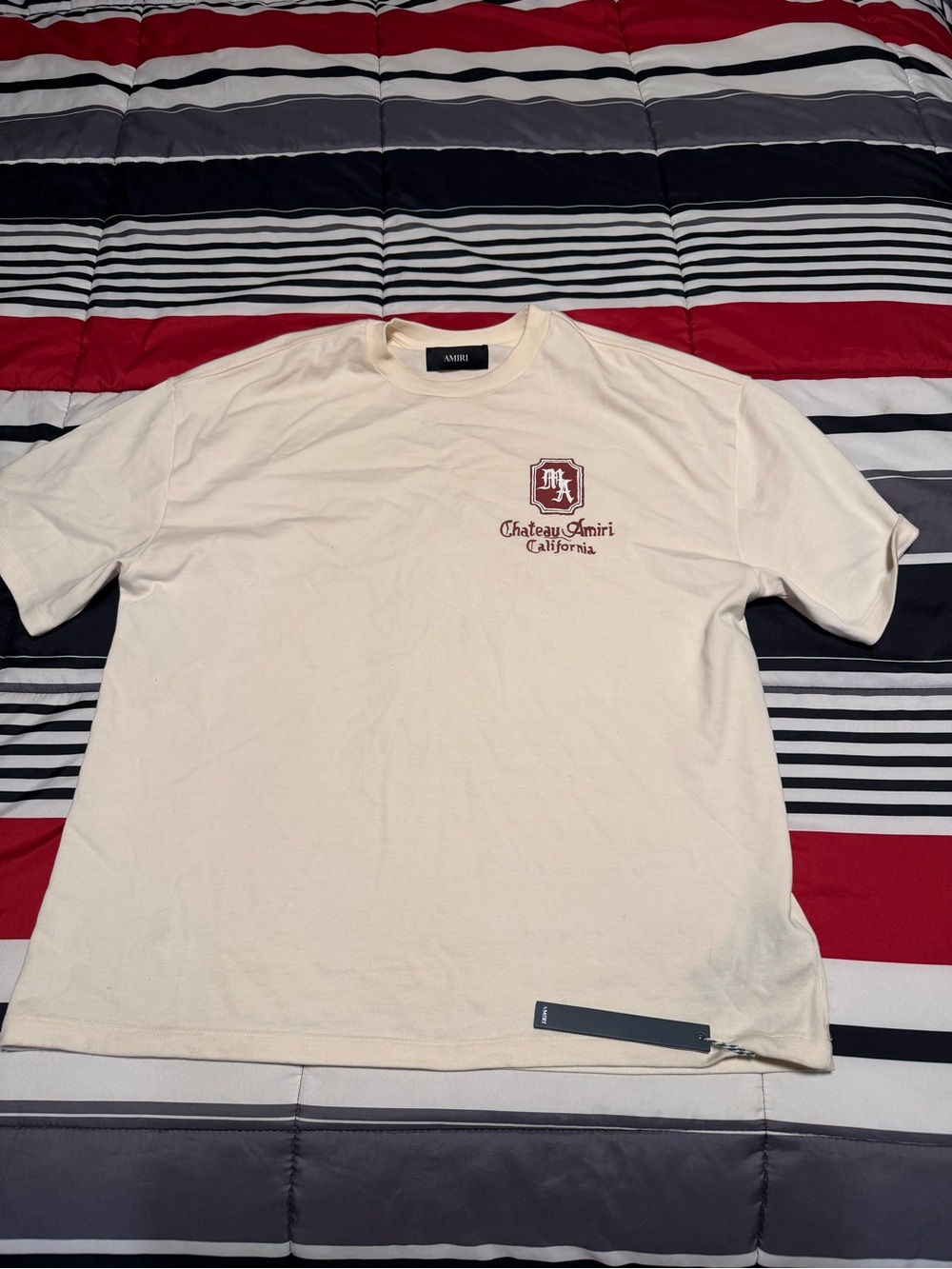 AMIRI Cream Short-Sleeve Chateau Logo T-Shirt with Maroon Emblem